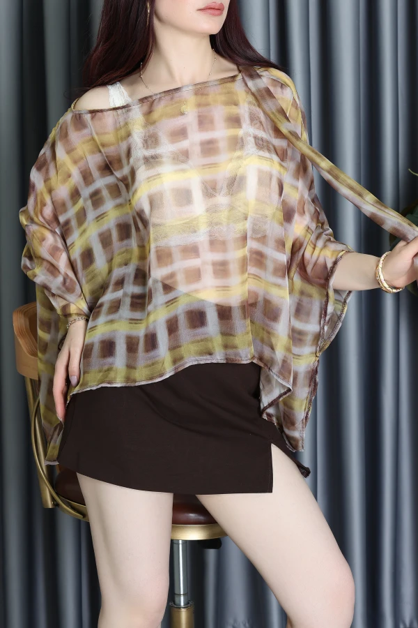 Ekose Atkılı Şifon Salaş Bluz Yağyeşili - 14469.148.